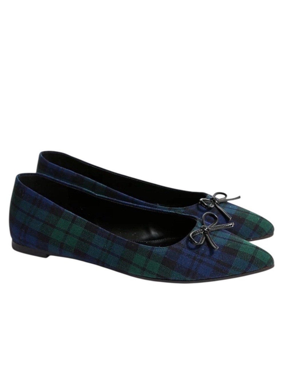 J. Crew Black Watch Plaid Pointed-toe Flats Navy Green Shoes w/Bow Size 7 NWT